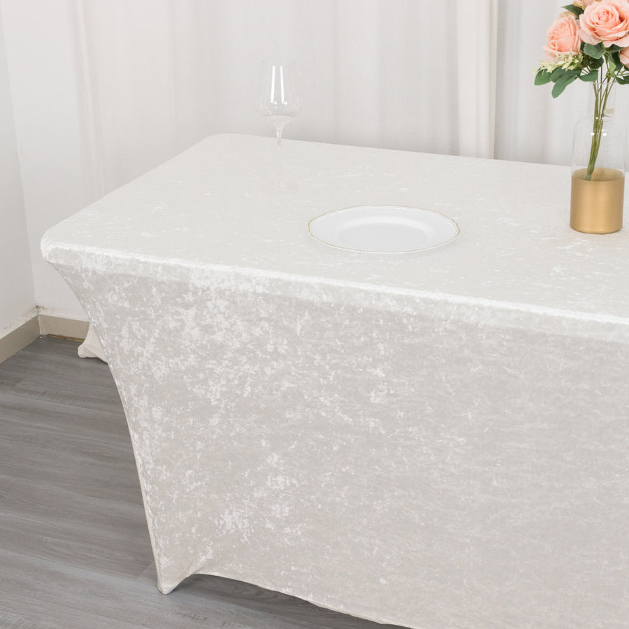 6ft White Crushed Velvet Spandex Fitted Rectangular Table Cover