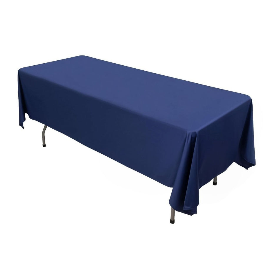 Navy blue tablecloth draped over a rectangular table