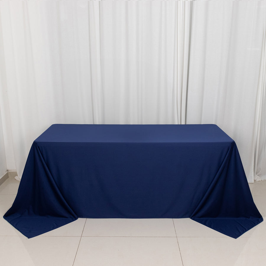 90"x132" Navy Blue Premium Scuba Wrinkle Free Rectangular Tablecloth, Seamless Scuba Polyester