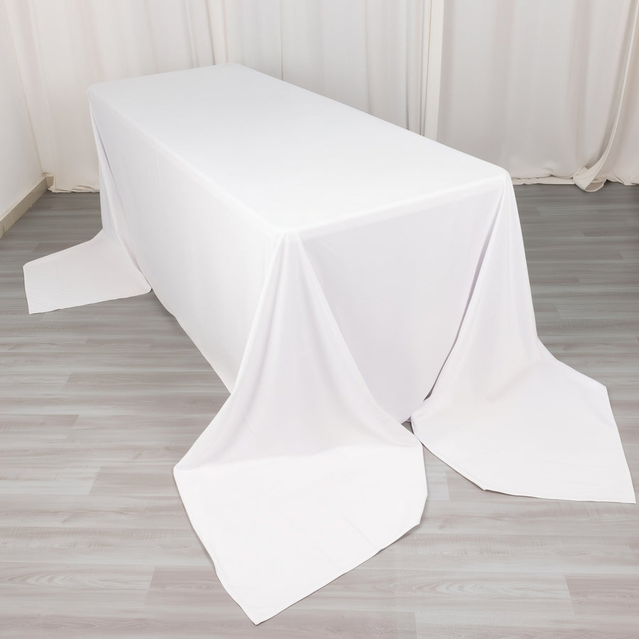 90x156inch White Premium Scuba Polyester Rectangular Tablecloth, Wrinkle Free Reusable Seamless