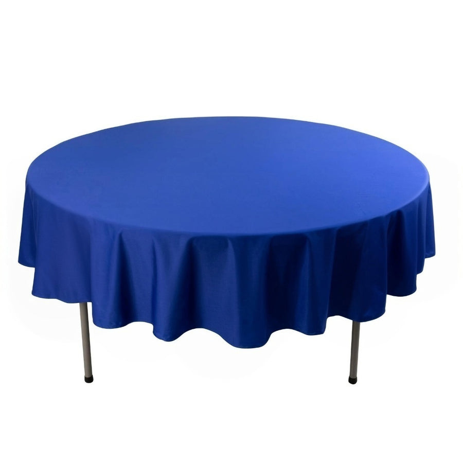Round blue tablecloth draped over a table.