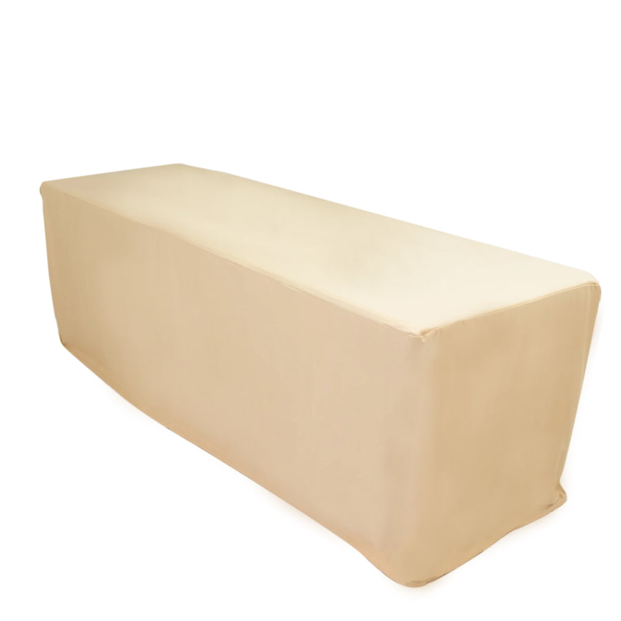 Beige outdoor table cover, protective and weather-resistant.