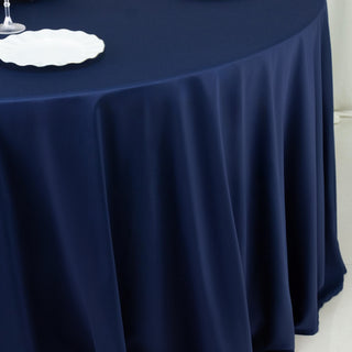 Décor Ideas Using a 120" Round Navy Blue Scuba Tablecloth Décor Ideas Using a 120" Round Navy Blue Scuba Tablecloth
