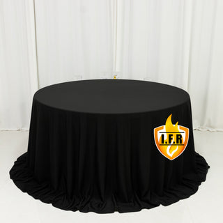Round black tablecloth with elegant draping and I.F.R. logo
