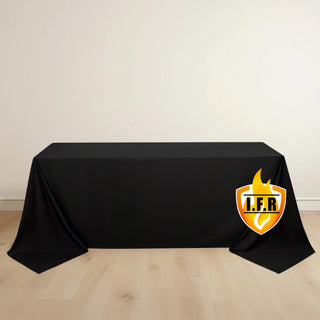 Black tablecloth with I.F.R. logo on a plain surface.