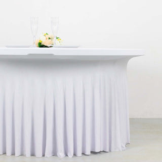 <strong>Premium White Spandex Table Cover with Elegant Ruffles </strong> <strong>Premium White Spandex Table Cover with Elegant Ruffles </strong>
