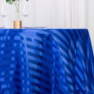 Elevate Your Event with the Royal Blue Satin Stripe Seamless Round Tablecloth Elevate Your Event with the Royal Blue Satin Stripe Seamless Round Tablecloth
