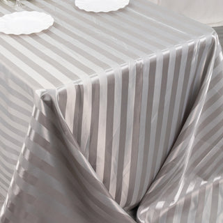 Elegant Silver Satin Stripe Tablecloth for Stunning Event Décor