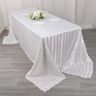 Enhance Your Event Decor with the White Satin Stripe Seamless Rectangular Tablecloth Enhance Your Event Decor with the White Satin Stripe Seamless Rectangular Tablecloth