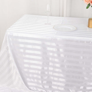 Elevate Your Event with the White Satin Stripe Seamless Rectangular Tablecloth Elevate Your Event with the White Satin Stripe Seamless Rectangular Tablecloth