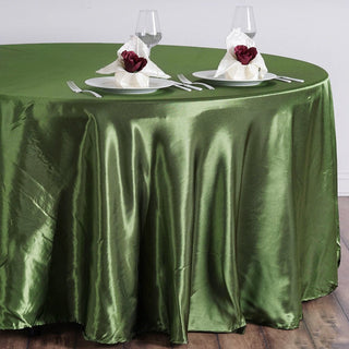 Elevate Your Event with the Olive Green 108" Satin Round Tablecloth Elevate Your Event with the Olive Green 108" Satin Round Tablecloth