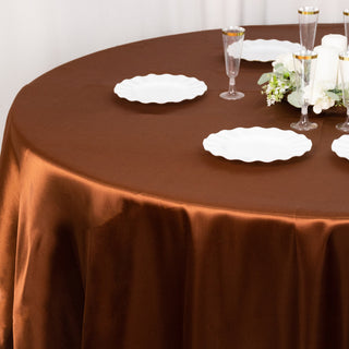 Elevate Your Event Decor with the Cinnamon Brown Satin Round Tablecloth