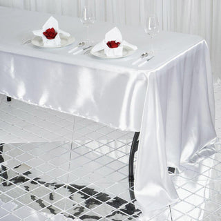 Elevate Your Event with the Stunning 60"x126" White Seamless Satin Rectangular Tablecloth