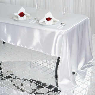 Elevate Your Event with the Stunning 60"x126" White Satin Rectangular Tablecloth Elevate Your Event with the Stunning 60"x126" White Satin Rectangular Tablecloth