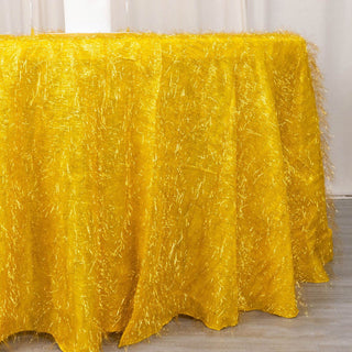 Create a Magical Ambiance with the Gold Shimmery Metallic Shag Tinsel Tablecloth Create a Magical Ambiance with the Gold Shimmery Metallic Shag Tinsel Tablecloth