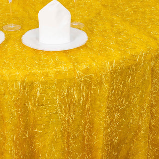 Add a Touch of Opulence with the Metallic Gold Premium Tinsel Shag Round Tablecloth Add a Touch of Opulence with the Metallic Gold Premium Tinsel Shag Round Tablecloth