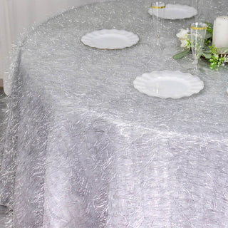 Enhance Your Table Setting with the Metallic Silver Premium Tinsel Shag Round Tablecloth Enhance Your Table Setting with the Metallic Silver Premium Tinsel Shag Round Tablecloth