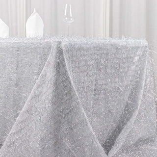 Elevate Your Event with the Metallic Silver Premium Tinsel Shag Rectangular Tablecloth Elevate Your Event with the Metallic Silver Premium Tinsel Shag Rectangular Tablecloth