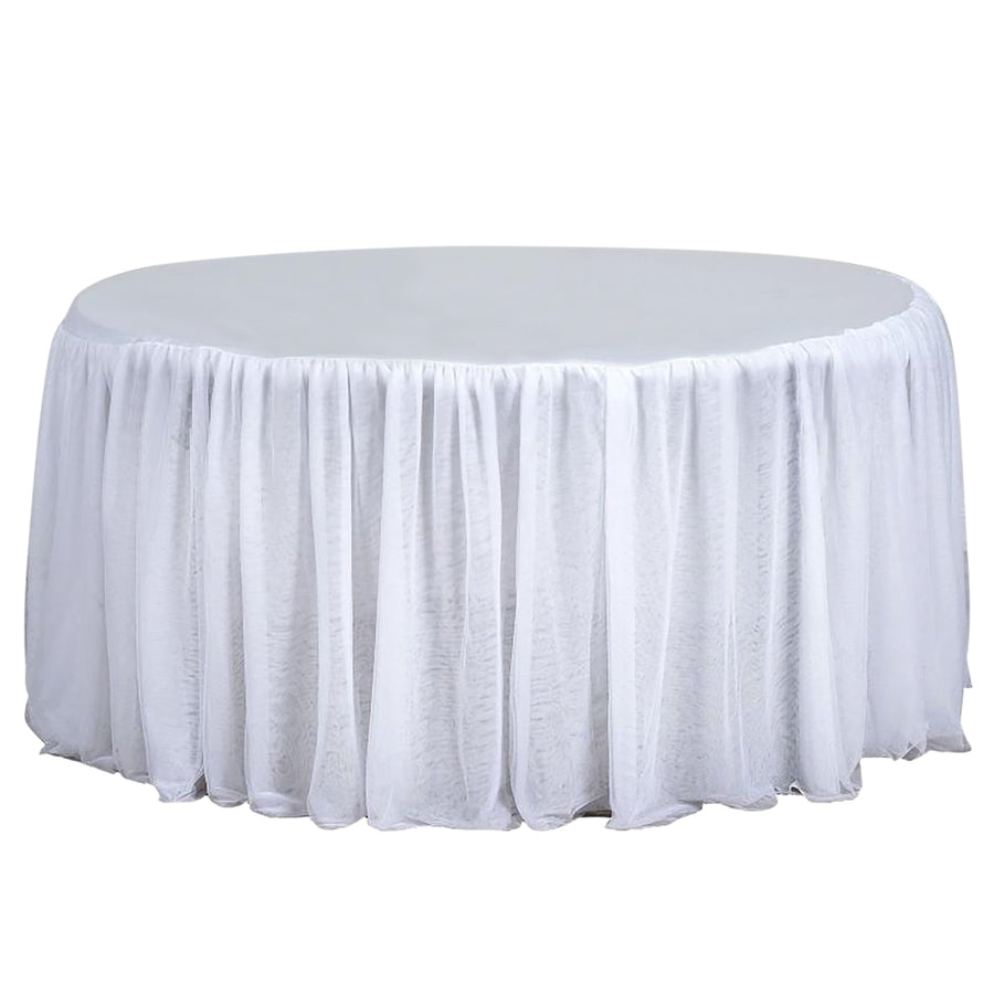 120" Round White 3 Layer - Skirted Tablecloth - Fitted Tulle Tutu Satin Pleated Table Skirt#whtbkgd