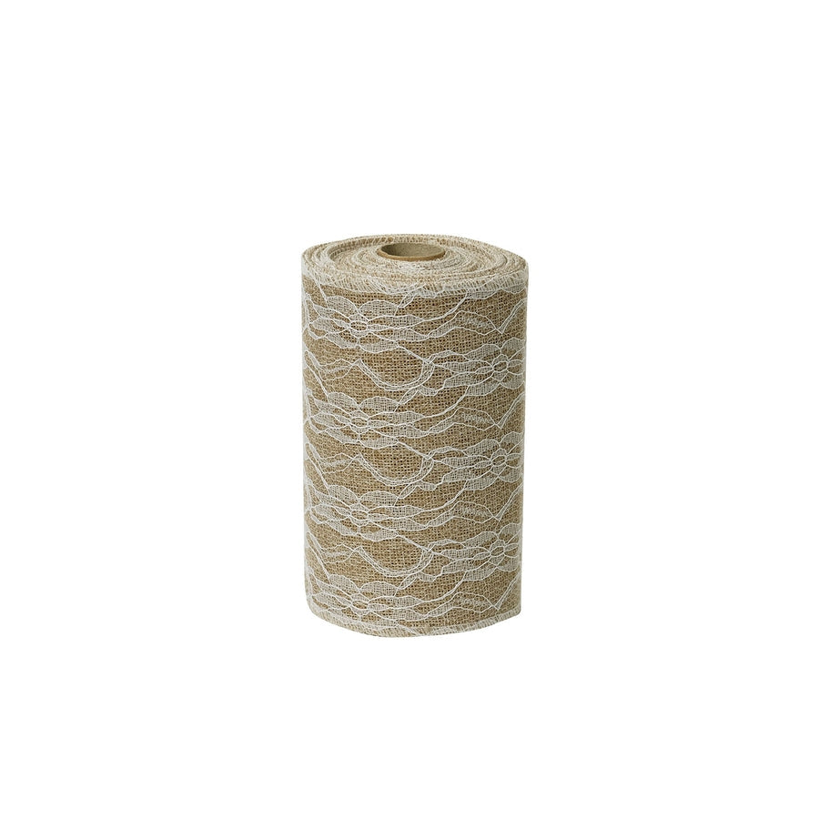 6 inch x 10 Yards | Natural Jute | Burlap Ribbon with Lace Overlay#whtbkgd