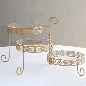 28" Tall Gold Metal Rotating Cake Stand with Clear Acrylic Round Plates, Hollow Lace Design 3-Tier Cupcake Dessert Display Stand