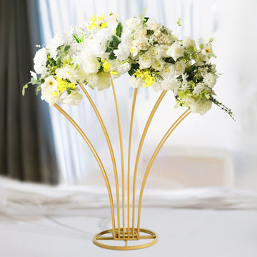 32" Tall Gold Metal Wire Scalloped Fan Shape Flower Frame Stand, Floral Display Wedding Centerpiece