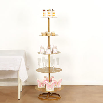 5 Tier Round Gold Metal Cupcake Holder Dessert Display Stand, 4.5ft Tall Champagne Tower Floor Stand