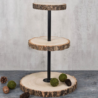 19" 3-Tier Tower Natural Wood Slice Cheese Board Cupcake Stand - Rustic Wedding Decor