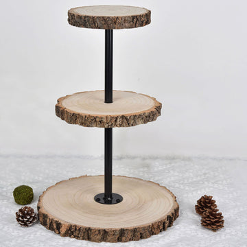 19" 3-Tier Tower Natural Wood Slice Cheese Board Cupcake Stand, Rustic Centerpiece - Assembly Tools Included