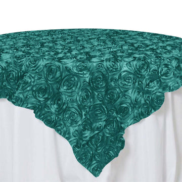85"x85" Turquoise 3D Rosette Satin Square Table Overlay