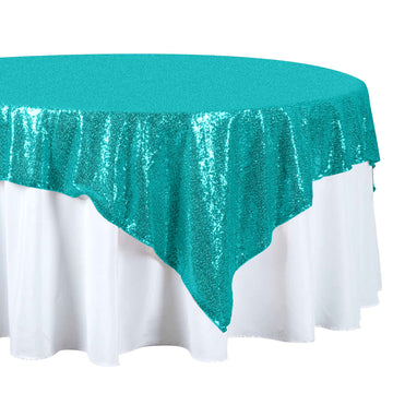 72"x72" Turquoise Sequin Sparkly Square Table Overlay