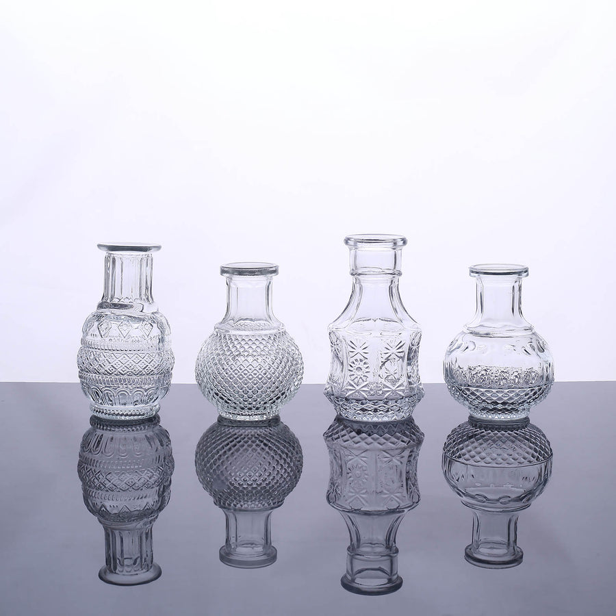 Set of 4 | Vintage Clear Glass Mini Bud Flower Vases, Antique Decorative Wedding Table Centerpieces