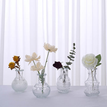 Set of 4 Vintage Clear Glass Mini Bud Flower Vases, Antique Decorative Wedding Table Centerpieces