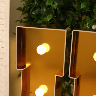 Gold marquee letters with bulbs, surrounded by greenery.