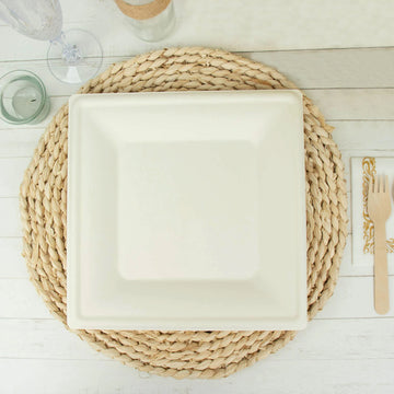50 Pack 10" White Biodegradable Bagasse Square Party Plates, Eco Friendly Disposable Sugarcane Dinner Plates