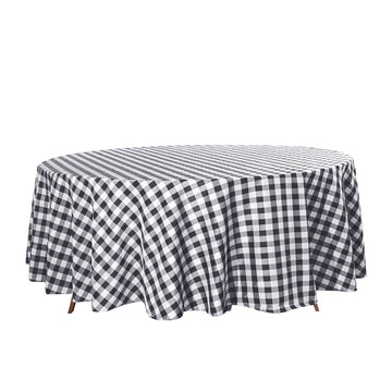 108" White Black Seamless Buffalo Plaid Round Tablecloth, Checkered Gingham Polyester Tablecloth