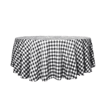 120" White Black Seamless Buffalo Plaid Round Tablecloth, Checkered Gingham Polyester Tablecloth