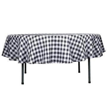 90" White Black Seamless Buffalo Plaid Round Tablecloth, Gingham Polyester Checkered Tablecloth