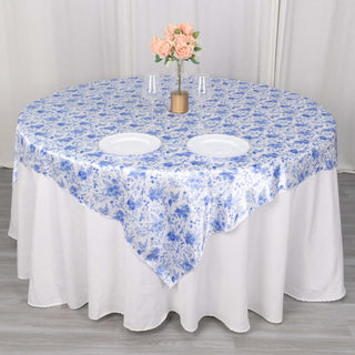 Elevate Your Table Setting with the White Blue French Toile Floral Print Satin Table Overlay Elevate Your Table Setting with the White Blue French Toile Floral Print Satin Table Overlay