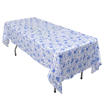 60"x102" White Blue Chinoiserie Floral Print Seamless Satin Rectangular Tablecloth, Wrinkle Resistant Tablecloth