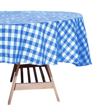 70" White Blue Seamless Buffalo Plaid Round Tablecloth, Gingham Polyester Checkered Tablecloth