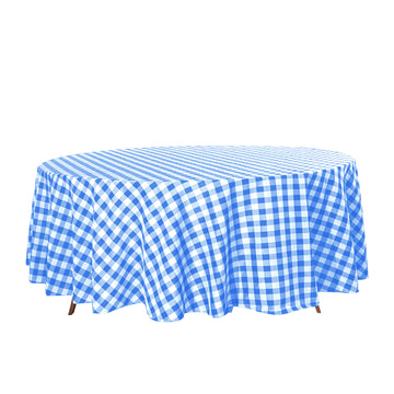 108" White Blue Seamless Buffalo Plaid Round Tablecloth, Checkered Gingham Polyester Tablecloth