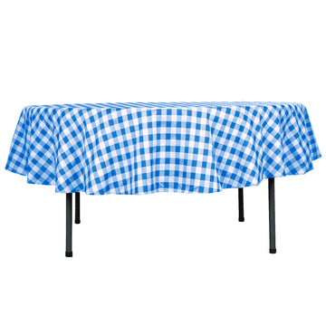 90" White Blue Seamless Buffalo Plaid Round Tablecloth, Gingham Polyester Checkered Tablecloth