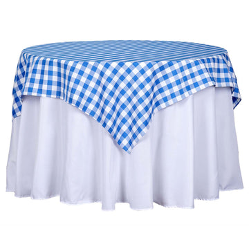 54"x54" White Blue Seamless Buffalo Plaid Square Table Overlay, Checkered Gingham Polyester Table Overlay
