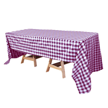 60"x126" White Burgundy Seamless Buffalo Plaid Rectangle Tablecloth, Checkered Polyester Tablecloth