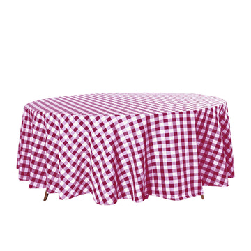 108" White Burgundy Seamless Buffalo Plaid Round Tablecloth, Checkered Gingham Polyester Tablecloth
