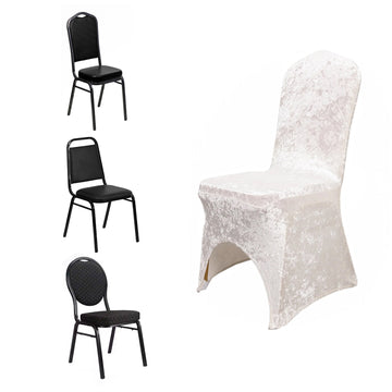 White Crushed Velvet Spandex Stretch Wedding Chair Cover With Foot Pockets, Fitted Banquet Chair Cover - 190 GSM