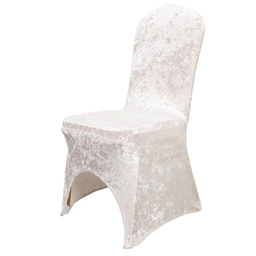 White Crushed Velvet Spandex Stretch Wedding Chair Cover With Foot Pockets, Fitted Banquet Chair Cover - 190 GSM