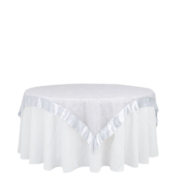 60"x60" White Embroidered Sheer Organza Square Table Overlay With Satin Edge