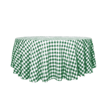 120" White Green Seamless Buffalo Plaid Round Tablecloth, Checkered Gingham Polyester Tablecloth